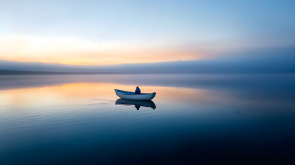 This photo captures a person canoeing on a tranquil lake with soft morning light reflected on the water, creating a serene and solitary sunrise scene.





