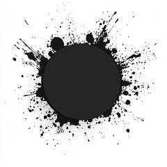 A circular black spot surrounded by dynamic splashes of ink, creating an artistic and bold contrast against a white background.