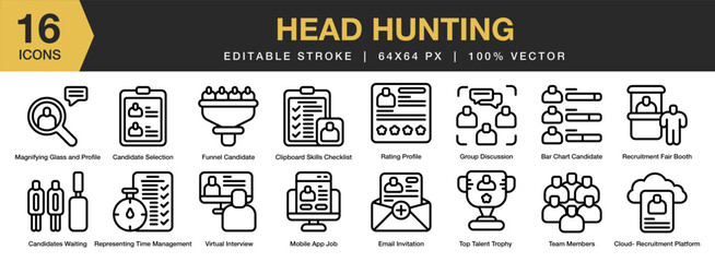 Head Hunting icon set. Editable Stroke Icon Collection. Includes head, hunting, business, job, recruitment, career, and More. Outline icons vector collection.