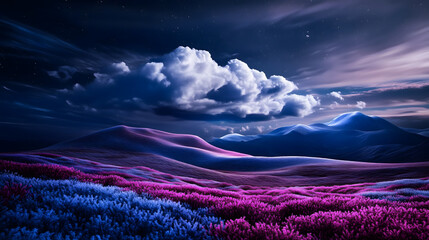 This digital artwork showcases dreamy colorful hills and flower fields under a starry night sky, blending purple and blue hues for a tranquil night atmosphere, ideal for wallpapers or creative project
