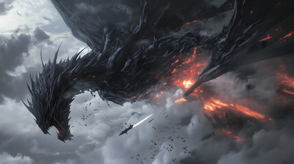 An epic fantasy scene depicting a fierce battle between a dragon and a warrior, with blazing flames and smoke filling the sky, perfect for fantasy novel covers or game concept art.





