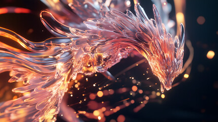 This artwork features a glass phoenix surrounded by flames and glowing light particles, creating a dynamic and dreamy visual effect, ideal for fantasy themes.