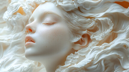 This artwork presents a dreamy white sculptural portrait, blending soft lighting with delicate skin texture to create a serene and aesthetic atmosphere, offering a powerful visual impact.