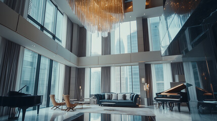This image showcases a luxurious living room in a modern apartment with large floor-to-ceiling windows, a grand chandelier, stylish furniture, and a piano.
