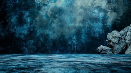 An abstract blue backdrop with textured surfaces and rugged rocks under a moody atmosphere