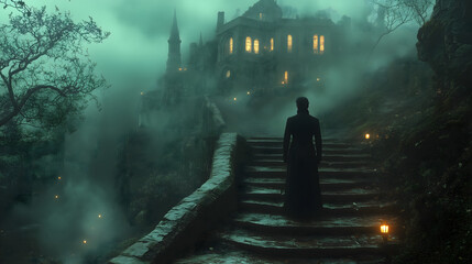A mysterious figure stands on stone steps leading to an ancient castle, surrounded by dense fog, creating a dark Gothic atmosphere reminiscent of a scene from a fantasy tale.