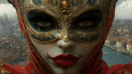This artwork depicts a woman wearing a golden ornate mask with a luxurious red cloak, set against the ancient city of Venice, evoking an air of mystery and elegance.
