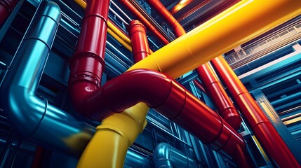 A series of pipes are shown in different colors, with some being red, yellow, and blue. Concept of complexity and organization, as the pipes are arranged in a way that suggests a well-planned system
