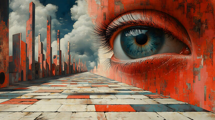 A giant blue eye intertwined with a red abstract corridor, creating a surreal and dreamy scene with a striking visual impact.