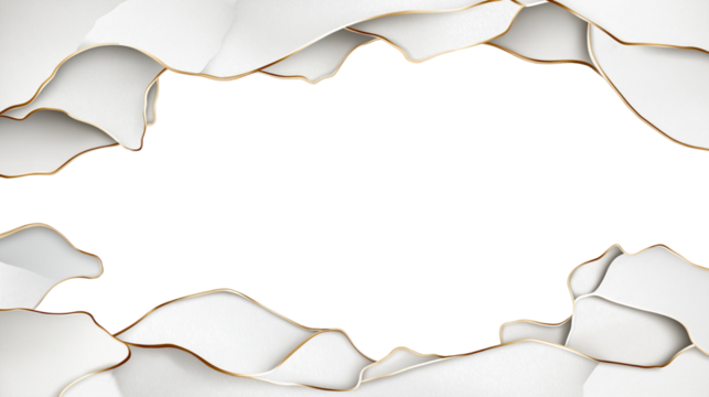 Elegant white and gold frame with textured petals on transparent background