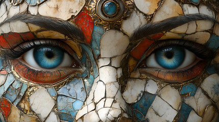 Close-up of a woman&rsquo;s eyes presented in a porcelain mosaic style, blue eyes exuding mystery, a creative and classical-inspired art piece.