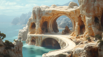 A stunning seaside rock bridge connecting multiple arches, surrounded by blue water, ideal for fantasy travel and adventure destinations.
