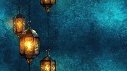 Obraz premium Festive lanterns glowing, teal background, Ramadan celebration, greeting card design