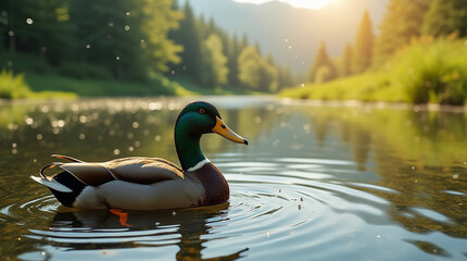 Mallard duck in pond, Mallard duck in water in forest, Duck in pond