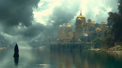 A mysterious riverside castle shrouded in mist, golden domes shining under the sun, with water reflections adding a dreamy touch, perfect for fantasy travel backdrops.
