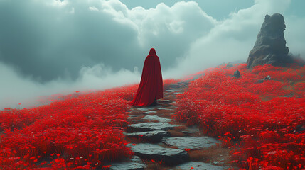 A mysterious traveler in a red cloak walks alone on a stone path through a field of red flowers, surrounded by dense mist, creating a magical atmosphere.