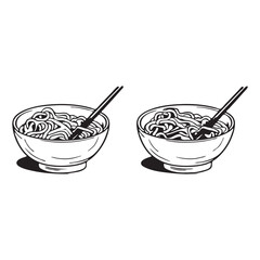 Two vector line art illustrations of chopsticks holding noodles