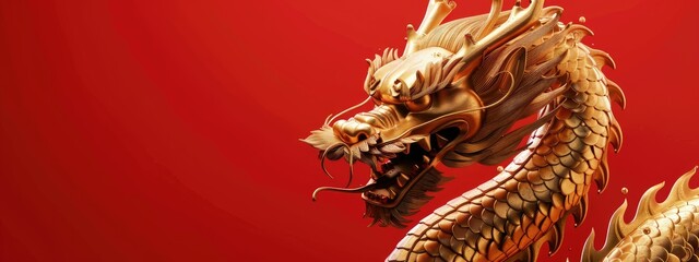 Fototapeta premium Majestic Golden Dragon on Red Background. The image exudes power, tradition, and the mysticism of Asian culture.
