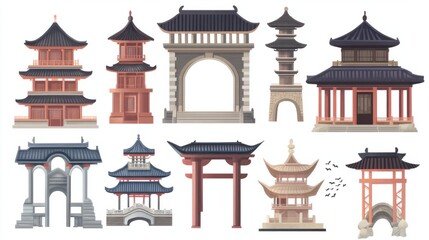 A set of Chinese architectural icons, including pagodas, archways, and bridges, rendered in a traditional style, isolated on white