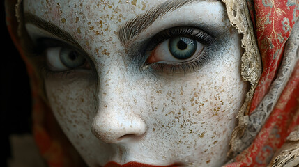 A close-up of a woman's face with a vintage style, showing intricate textures and delicate makeup, complemented by a red headscarf and a unique artistic atmosphere.