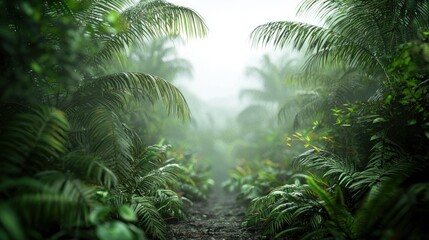 Misty Tropical Jungle Path: A Serene Escape into Lush Greenery