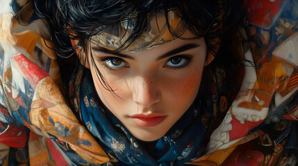 A vibrant and highly textured female portrait blending oil painting style with modern photography elements, showcasing intricate details and artistic beauty.