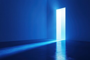 Bright light streams through a doorway in a dark blue room. Represents new beginnings, hope, or a transition.