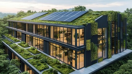 Sustainable office space, with solar facades and green rooftops, 3D illustration