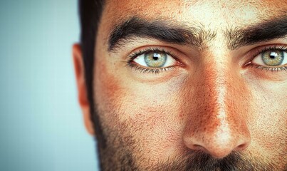Obraz premium A close-up of a man's face, showcasing his eyes and facial features. AI.