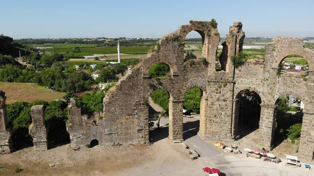 Aspendos ancient city. Aspendos acropolis aqueducts ruins. Turkey