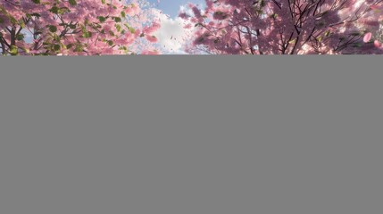 Obraz premium A serene landscape filled with blooming cherry blossom trees and a peaceful path.