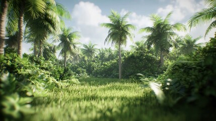 Obraz premium Serene Tropical Paradise: Lush Greenery and Palm Trees Under a Sunny Sky