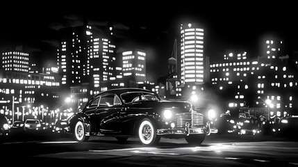 Classic car on city street at night, black and white illustration.