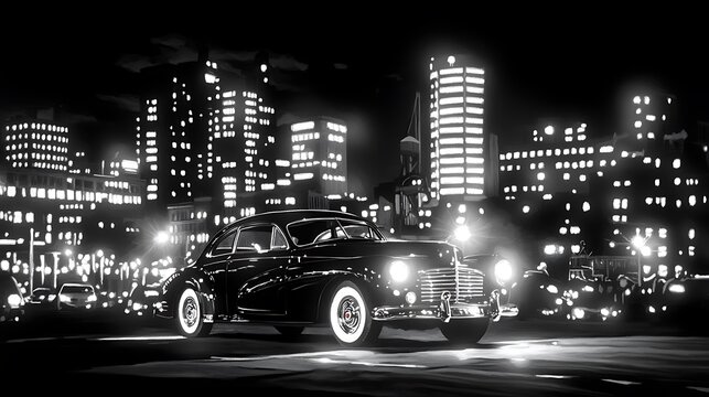Fototapeta Classic car on city street at night, black and white illustration.