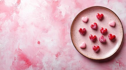Pink heart candies on plate, Valentine's Day, food photography, copy space