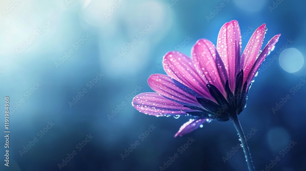 Aufkleber an artistic composition of a single flower stem with dew-covered petals against a blurred background