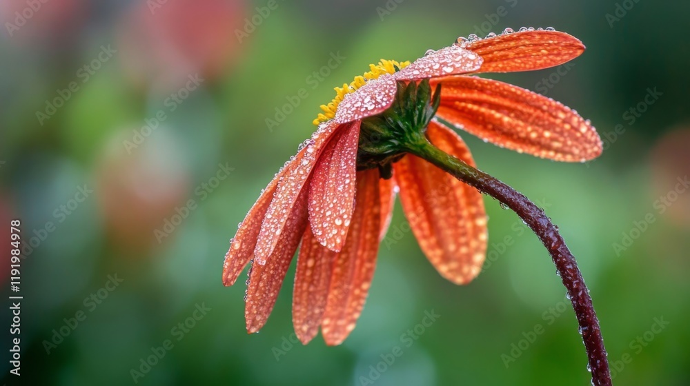 Aufkleber an artistic composition of a single flower stem with dew-covered petals against a blurred background
