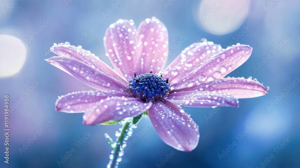 Poster an artistic composition of a single flower stem with dew-covered petals against a blurred background