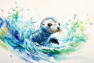 Obraz premium Watercolor seal pup swimming in blue and green textured water splashes