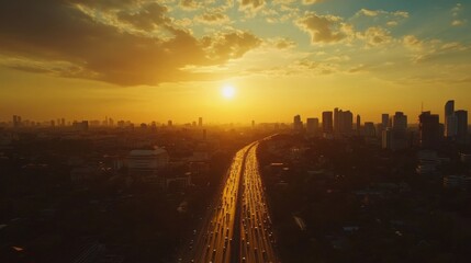 An aerial shot of the Bangna Kauda area during sunset, showcasing the stunning skyline, vibrant colors, and the hustle and bustle of the city coming alive in the evening.