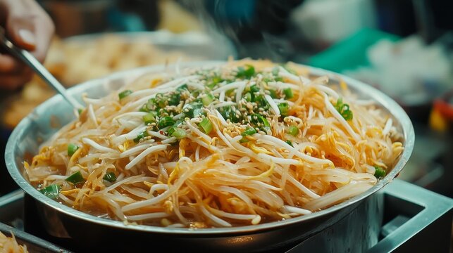 An inviting street food stall serving , with vibrant toppings like bean sprouts and green onions, capturing the lively atmosphere of a bustling market. - Powered by Adobe