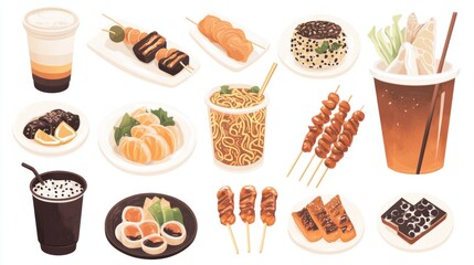 A collection of Chinese street food icons like bubble tea, spicy noodles, and skewers, elegantly displayed on a white background