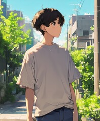 Fototapeta premium Cute anime-style profile picture of an Asian boy with black hair, wearing light gray shirt and casual pants, walking confidently down the street in Seoul with lush greenery background.