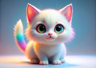 Adorable White Cat 3D Render, Cute Fluffy Kitty, Tiny Style, Bright Colors