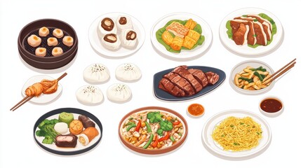 A collection of iconic Chinese dishes such as Peking duck, bao buns, and fried rice, displayed on a clean white background