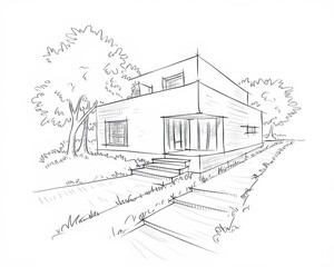 Obraz premium Modern House Architectural Sketch Design With Trees