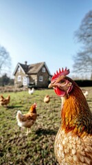 Fototapeta premium Free Range Chickens on Farm Rural Cottage Sunny Day