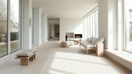 Fototapeta premium A bright and airy Nordic living room with large windows, white walls, and minimalistic furniture, showcasing a harmonious blend of comfort and simplicity in design.