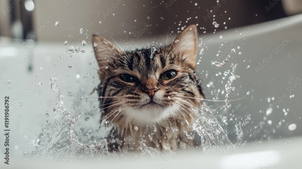Poster a cat mid-shake in the bath, water droplets flying everywhere as it tries to shake off the water, cr