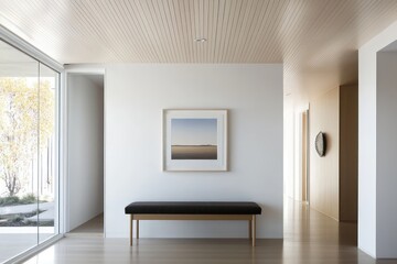 Fototapeta premium Modern entry with minimalist bench and simple decor, bathed in natural light.